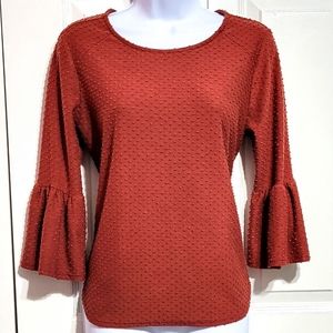 W5 Burnt Orange Bell Sleeve Blouse Dot Texture 3/4 Sleeve Brick Rust Ruf…
